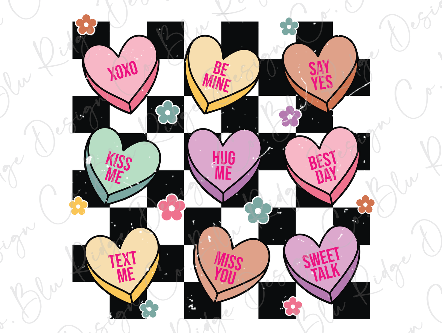 a bunch of hearts that are on a checkerboard background