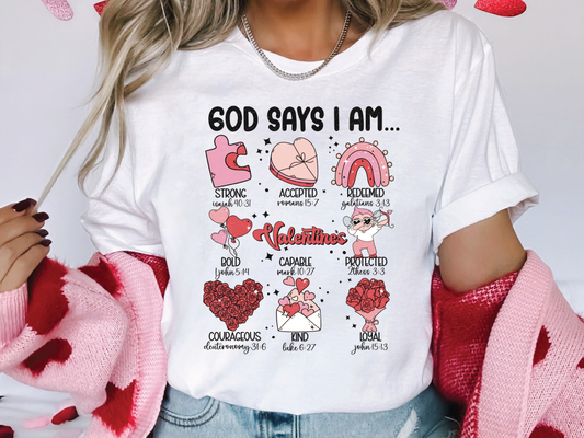a woman wearing a t - shirt that says god says i am
