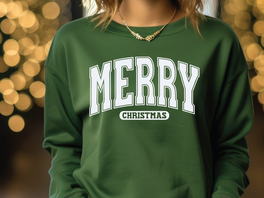 a woman wearing a green sweatshirt with merry christmas written on it