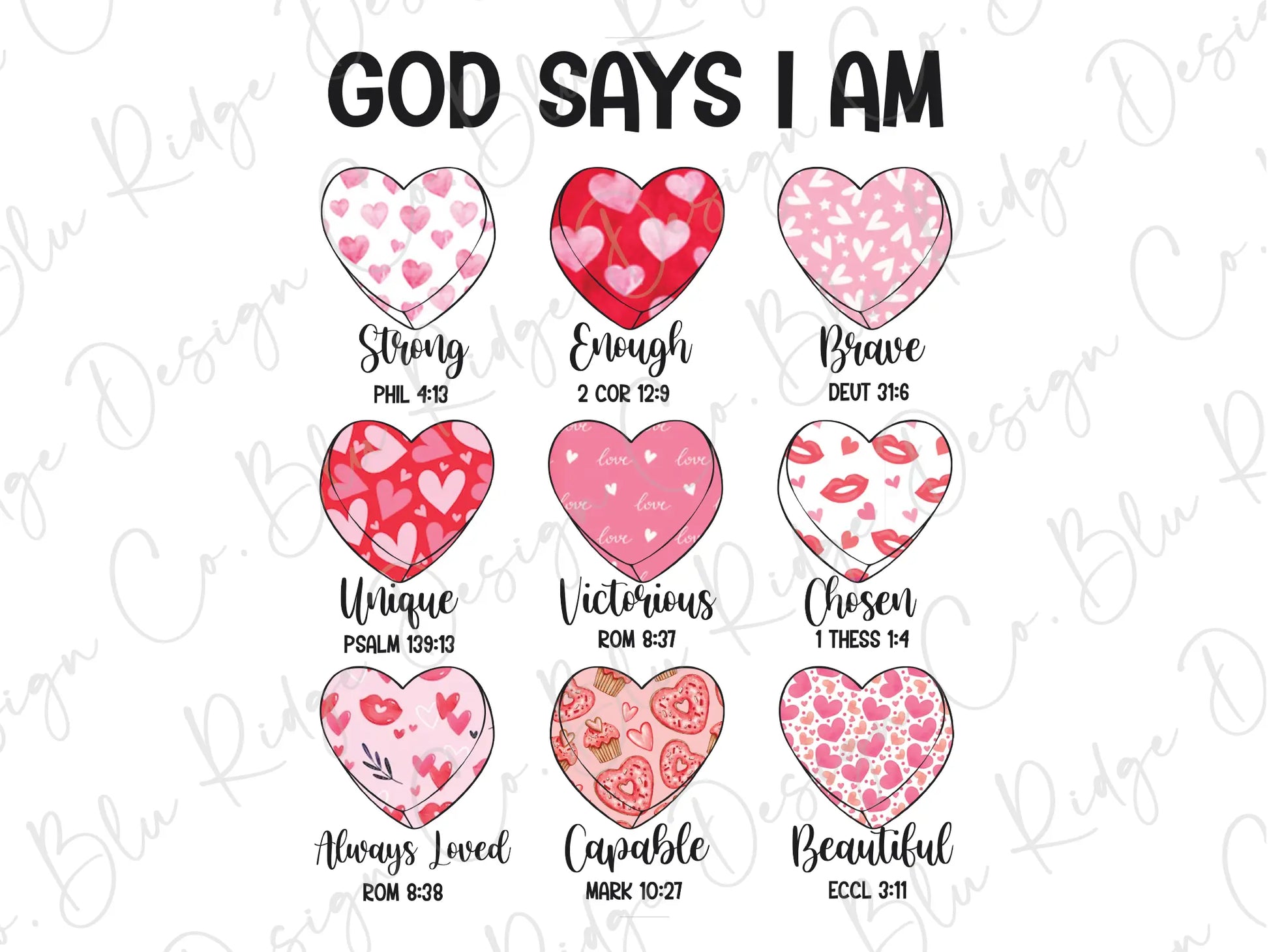 a valentine's day poster with hearts and the words god says i am