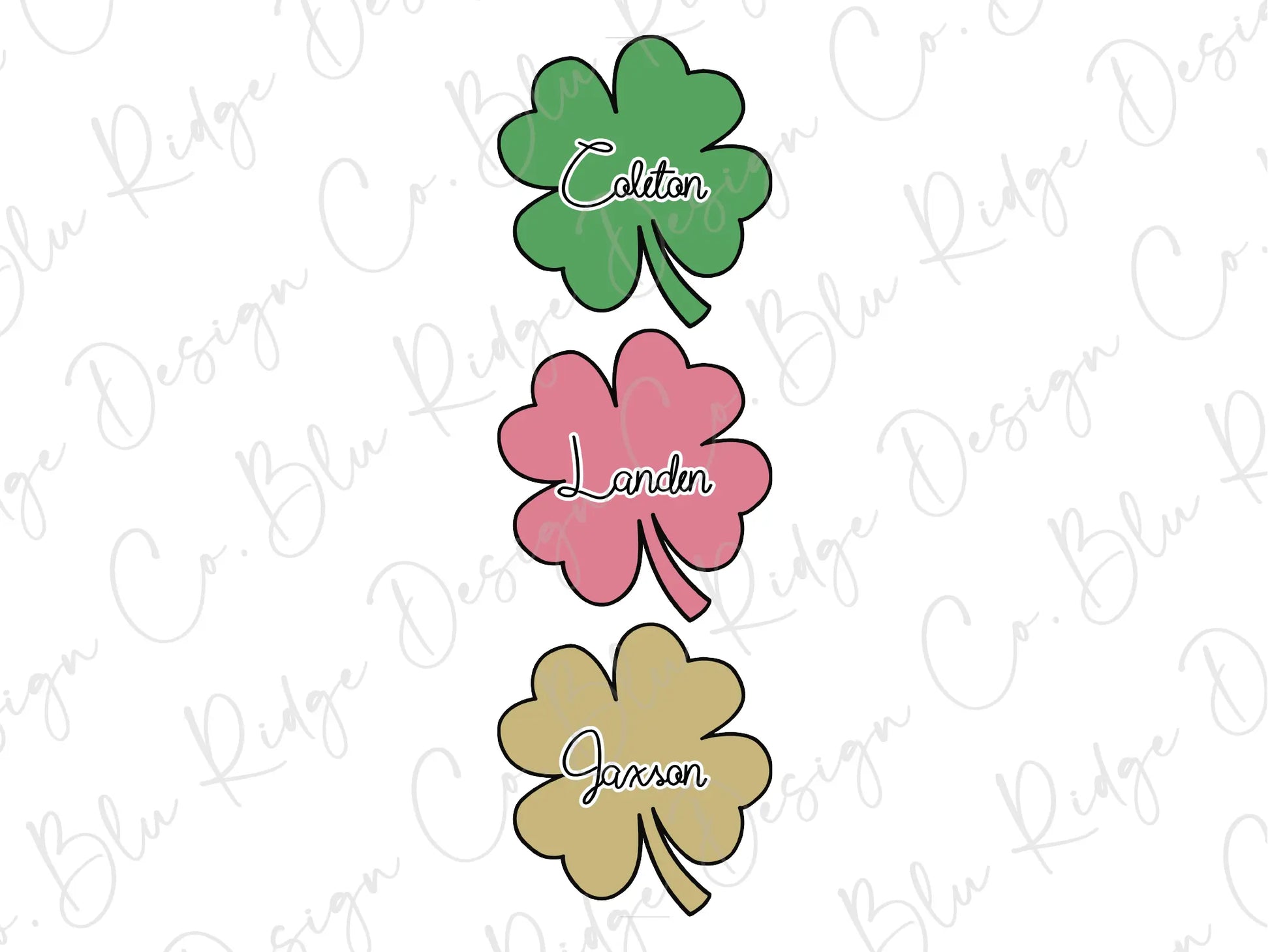 four leaf clovers with the name of each of them