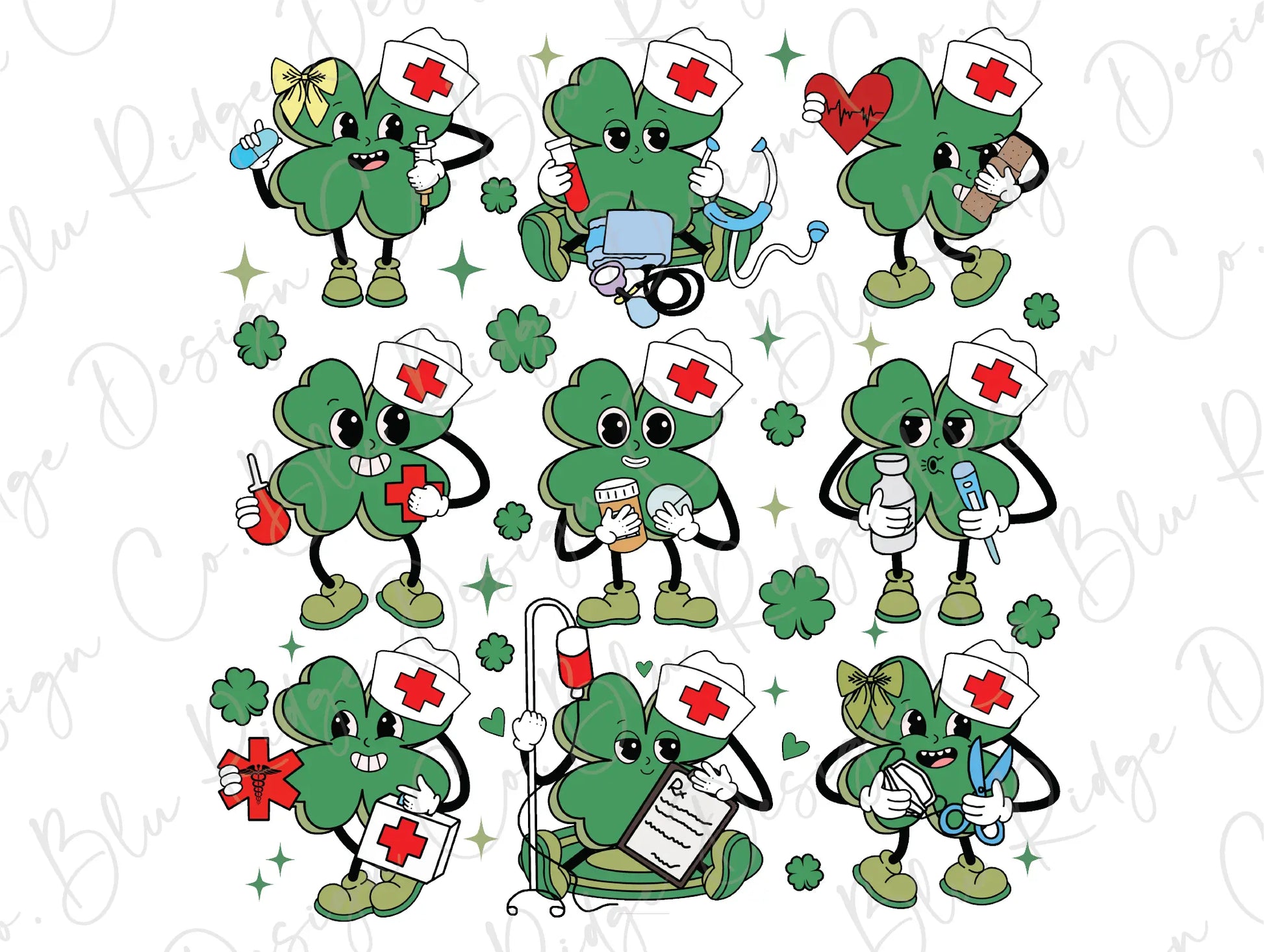 a collection of green cartoon characters