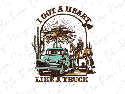 Heart Like a Truck Western Cowgirl and Vintage Truck Design Direct To Film (DTF) Transfer
