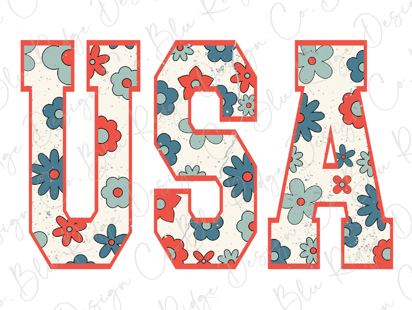 USA Red White and Blue Floral Retro July 4th Patriotic Design Direct To Film (DTF) Transfer