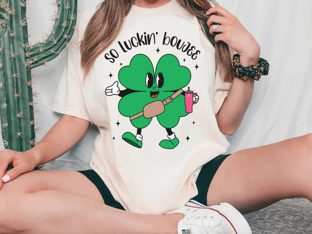 a woman in a st patrick's day t - shirt sitting on the floor