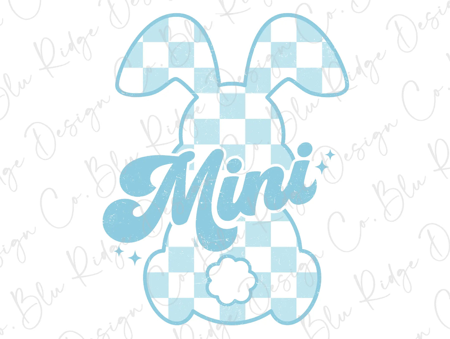 a blue bunny with the word mini on it