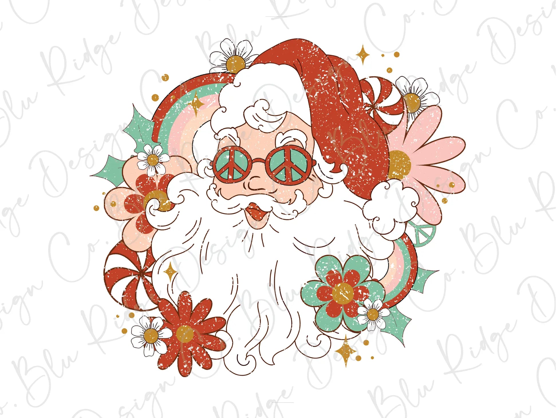 Boho Santa Claus Peace and Candy Direct to Film (DTF) Transfer BluRidgeDesignCo