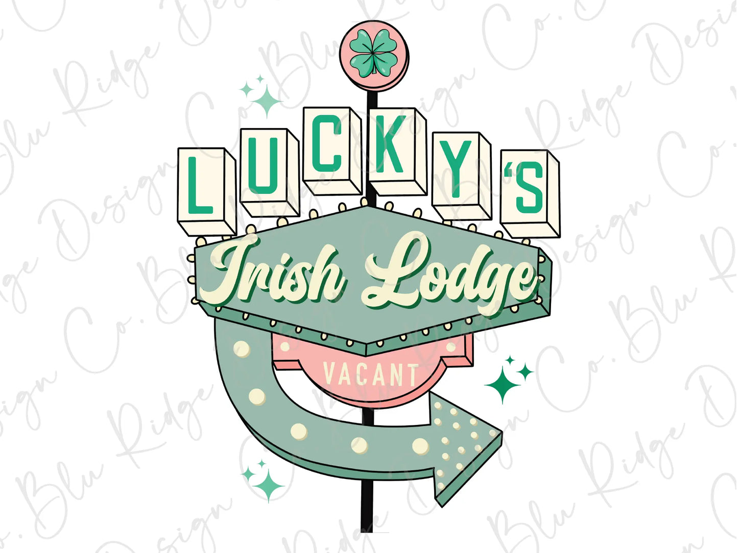 a lucky's irish lodge sign with a green arrow