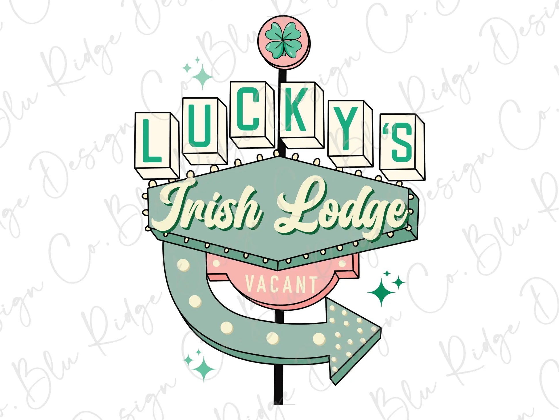 a lucky's irish lodge sign with a green arrow