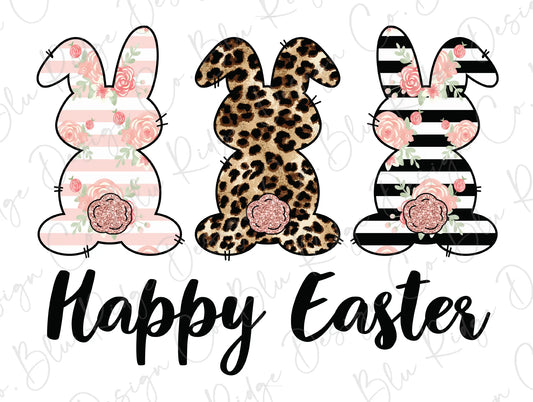 Happy Easter Bunny Trio Leopard Pink White Black Striped Direct To Film (DTF) Transfer BluRidgeDesignCo