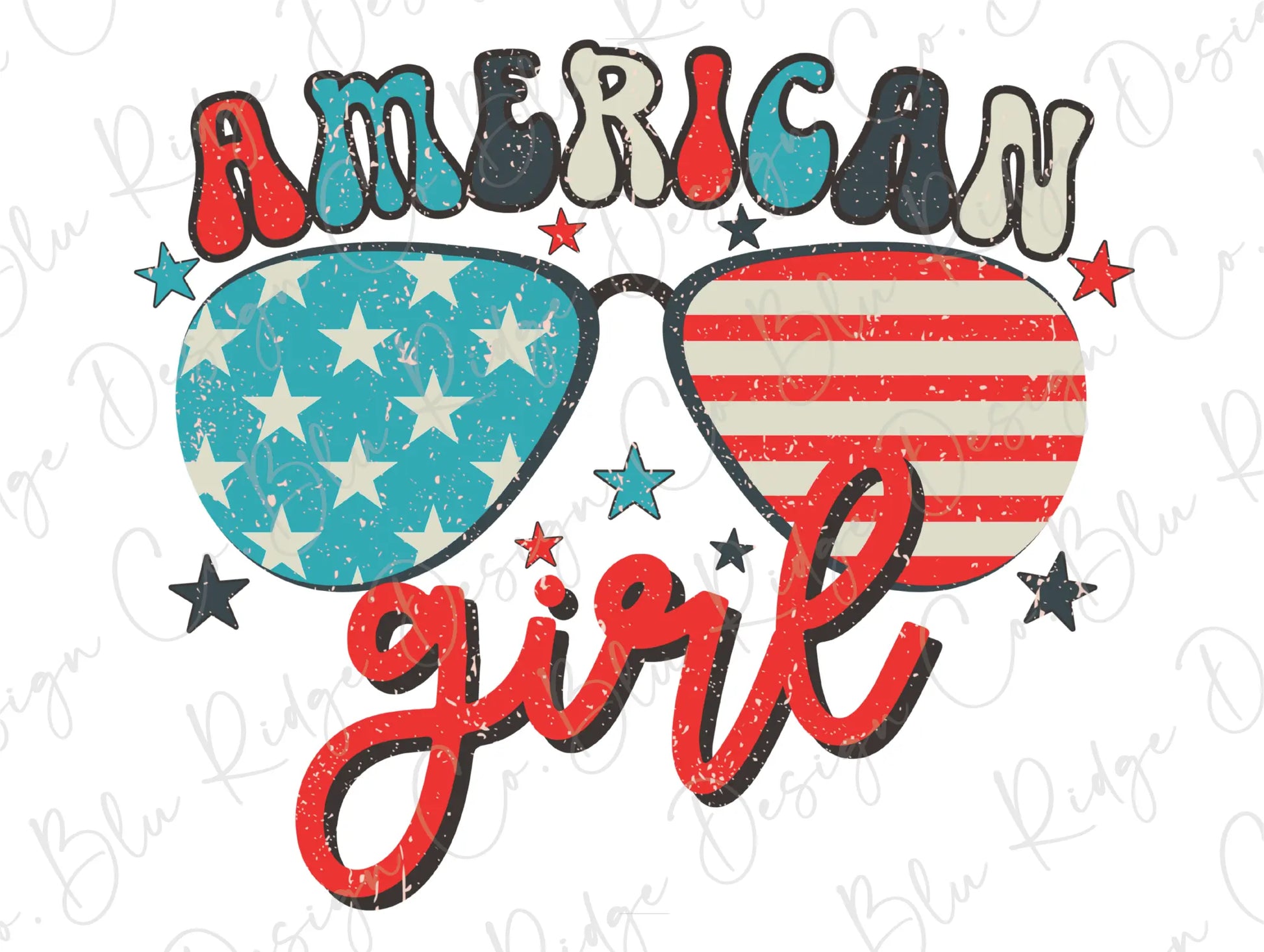 American Girl July 4th Retro Groovy Sunglasses Direct To Film (DTF) Transfer BluRidgeDesignCo