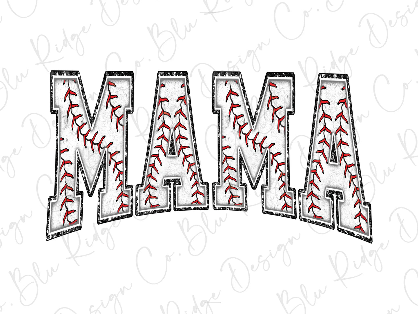 the word mama with baseball stitches on a white background