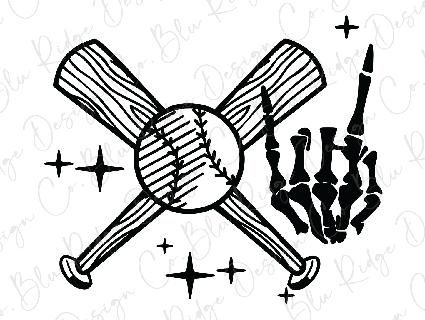 Ball and Crossed Bats with Skeleton Hand displaying Hook 'Em Horns or Rock On Symbol Direct To Film (DTF) Transfer