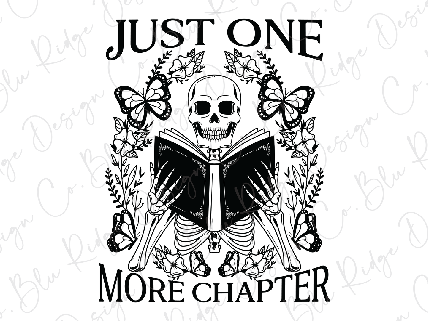 a skeleton reading a book with the words just one more charter