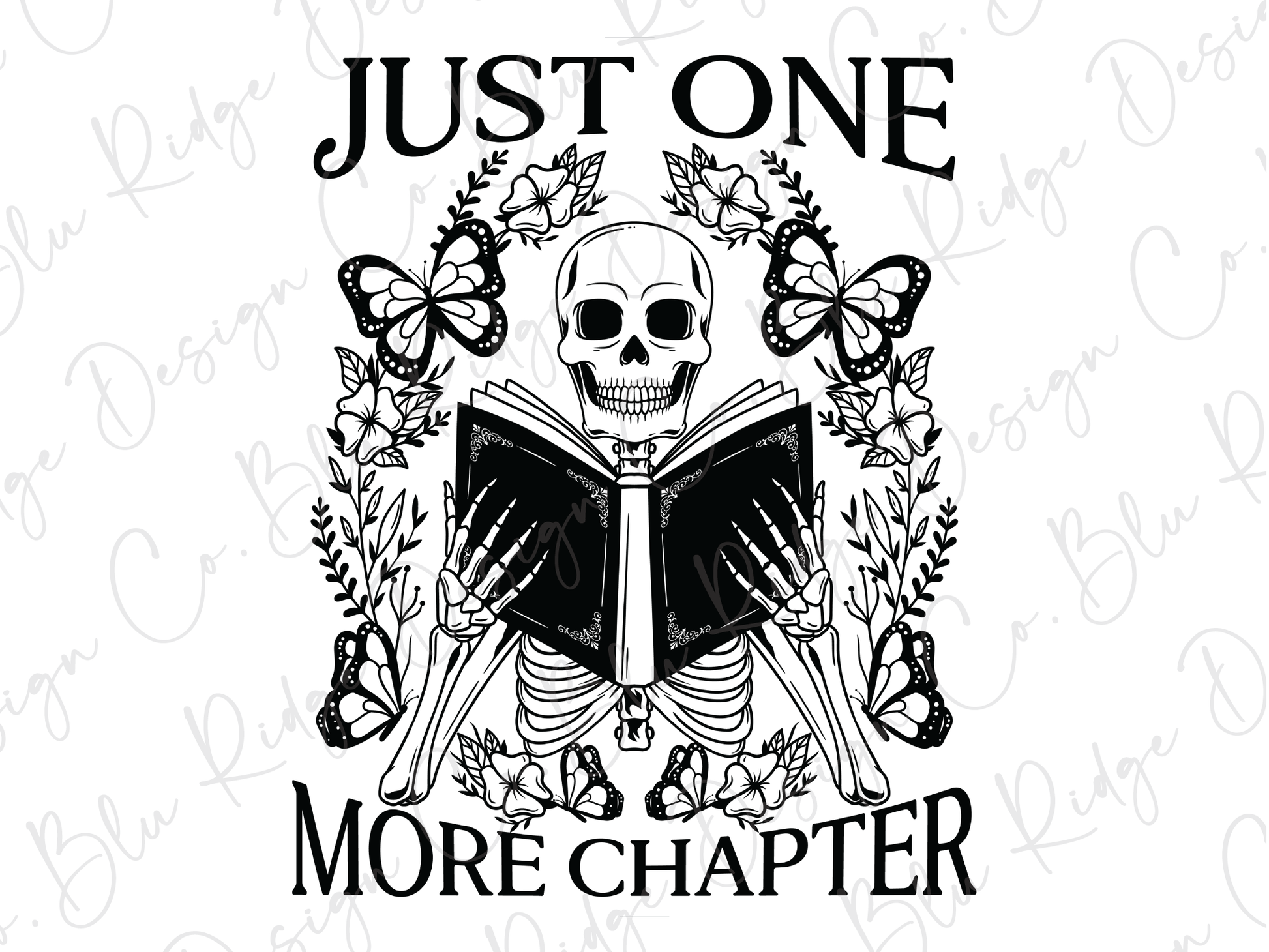 a skeleton reading a book with the words just one more charter