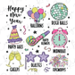 a new year's eve card with balloons, balloons, a clock, a