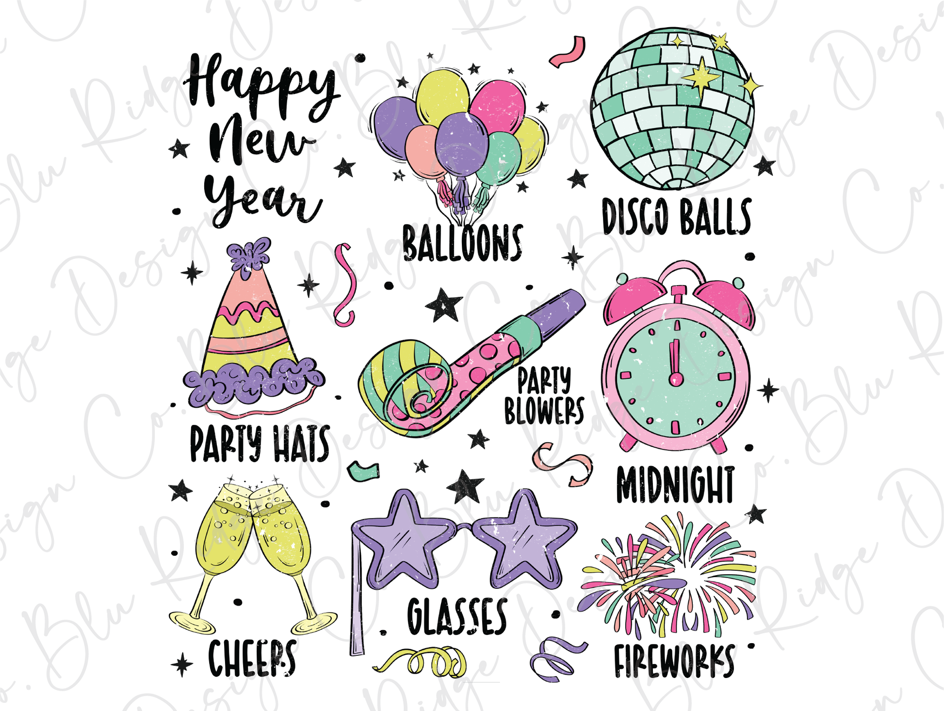 a new year's eve card with balloons, balloons, a clock, a