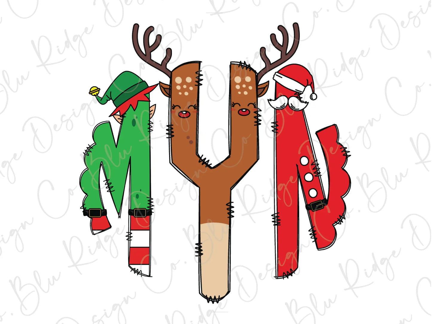 Christmas Characters Elf Santa Reindeer Personalized Monogram Design Direct To Film (DTF) Transfer