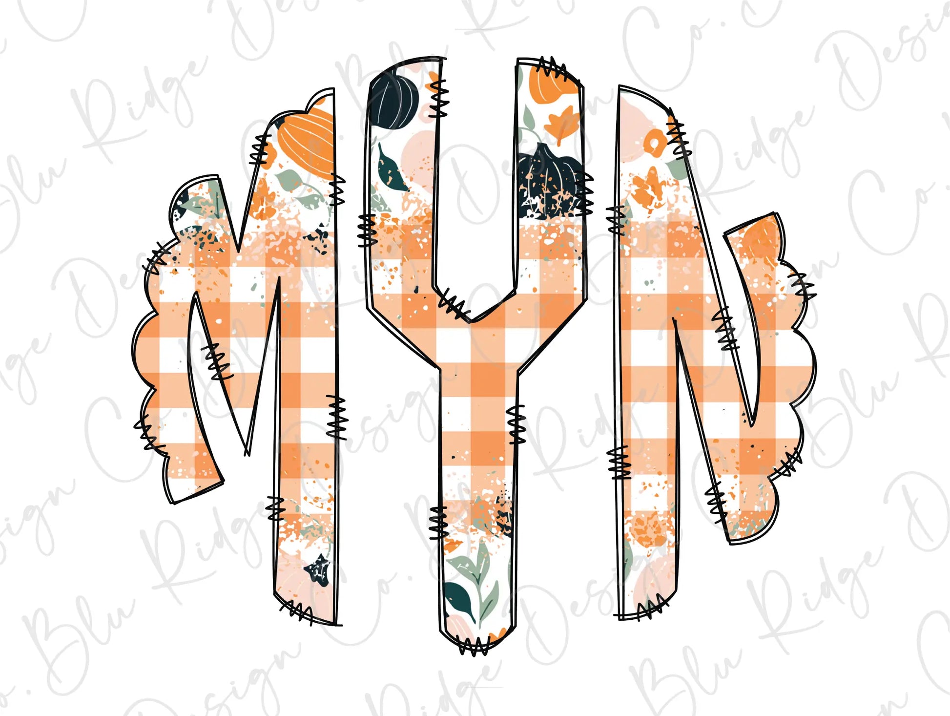 Fall Floral Pumpkins with Orange Chevron Personalized Monogram Design Direct To Film (DTF) Transfer BluRidgeDesignCo