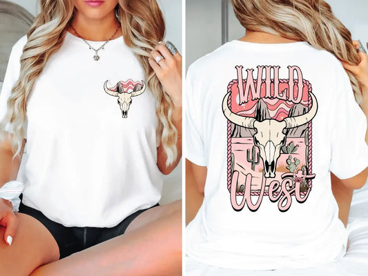 a woman wearing a white shirt with a cow skull on it