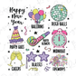 a happy new year clipart with balloons, balloons, stars, and a clock
