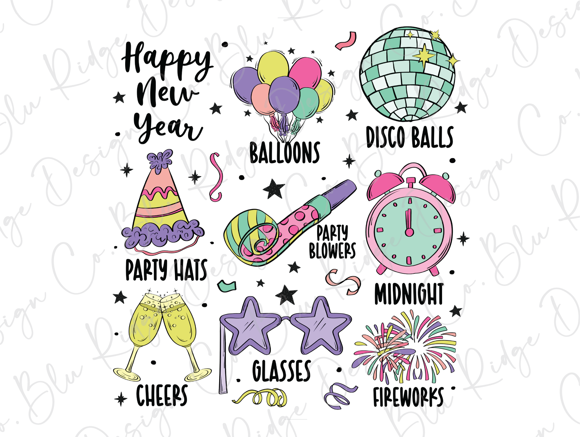 a happy new year clipart with balloons, balloons, stars, and a clock