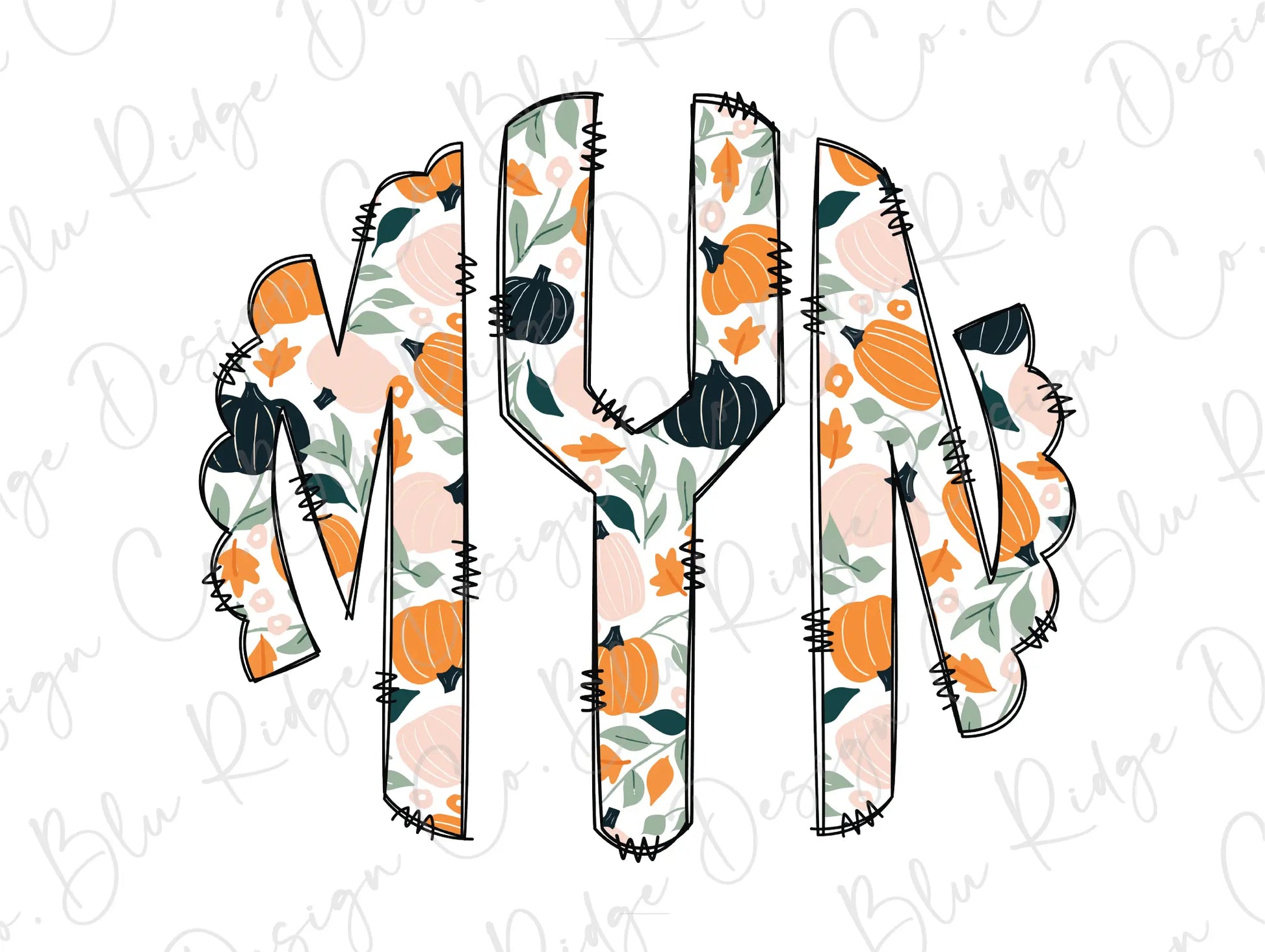 Fall Floral Pumpkins Personalized Monogram Design Direct To Film (DTF) Transfer BluRidgeDesignCo