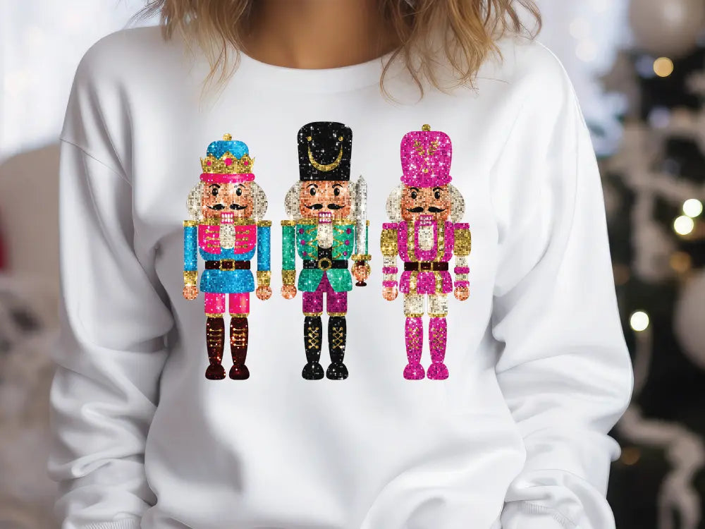 a woman wearing a sweatshirt with a nutcracker design on it