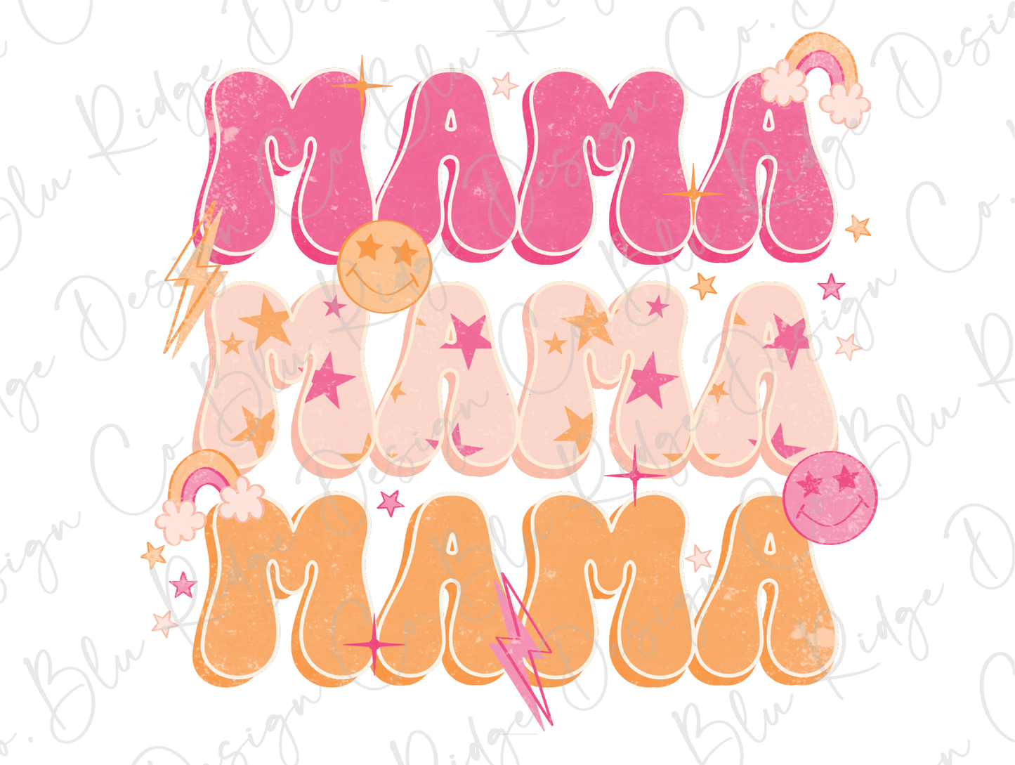 Retro Mama Lightning Bolt, Stars and Rainbows Stacked Design Direct To Film (DTF) Transfer