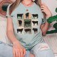 a woman sitting on a couch wearing a t - shirt with cows on it