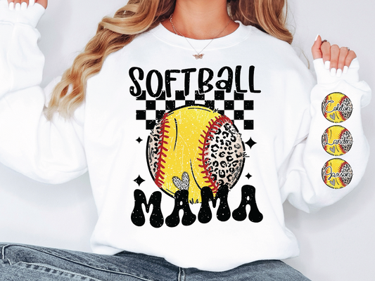 a woman wearing a white softball sweatshirt with a leopard print