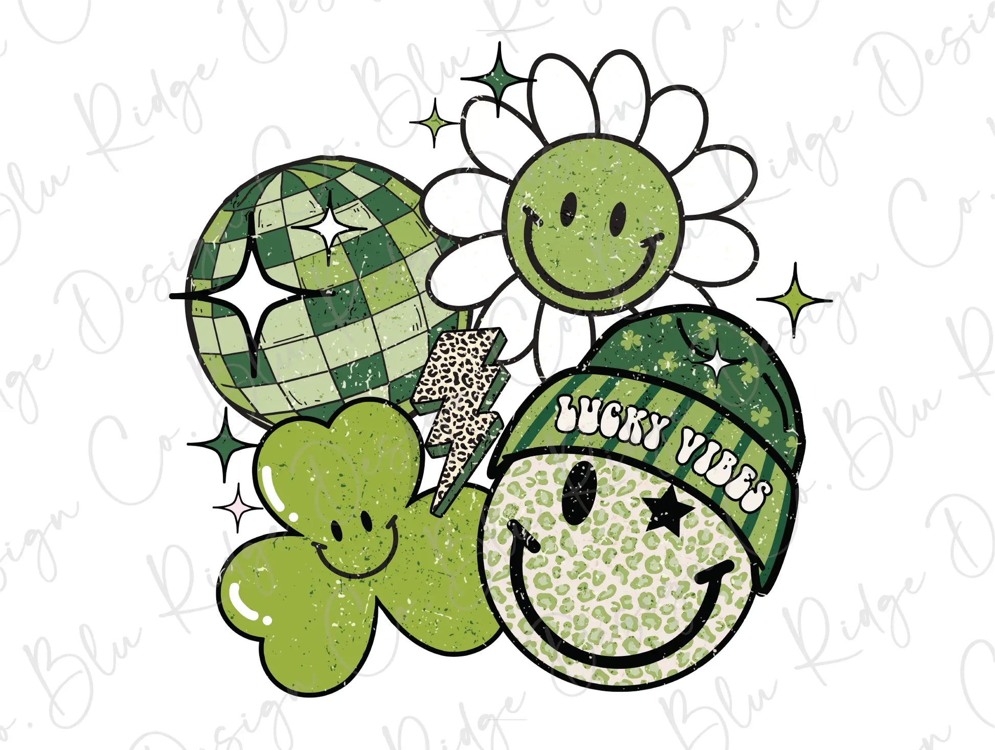 Lucky Vibes Retro Smiley Face Leopard Bolt St Patrick's Day Green Direct To Film (DTF) Transfer BluRidgeDesignCo