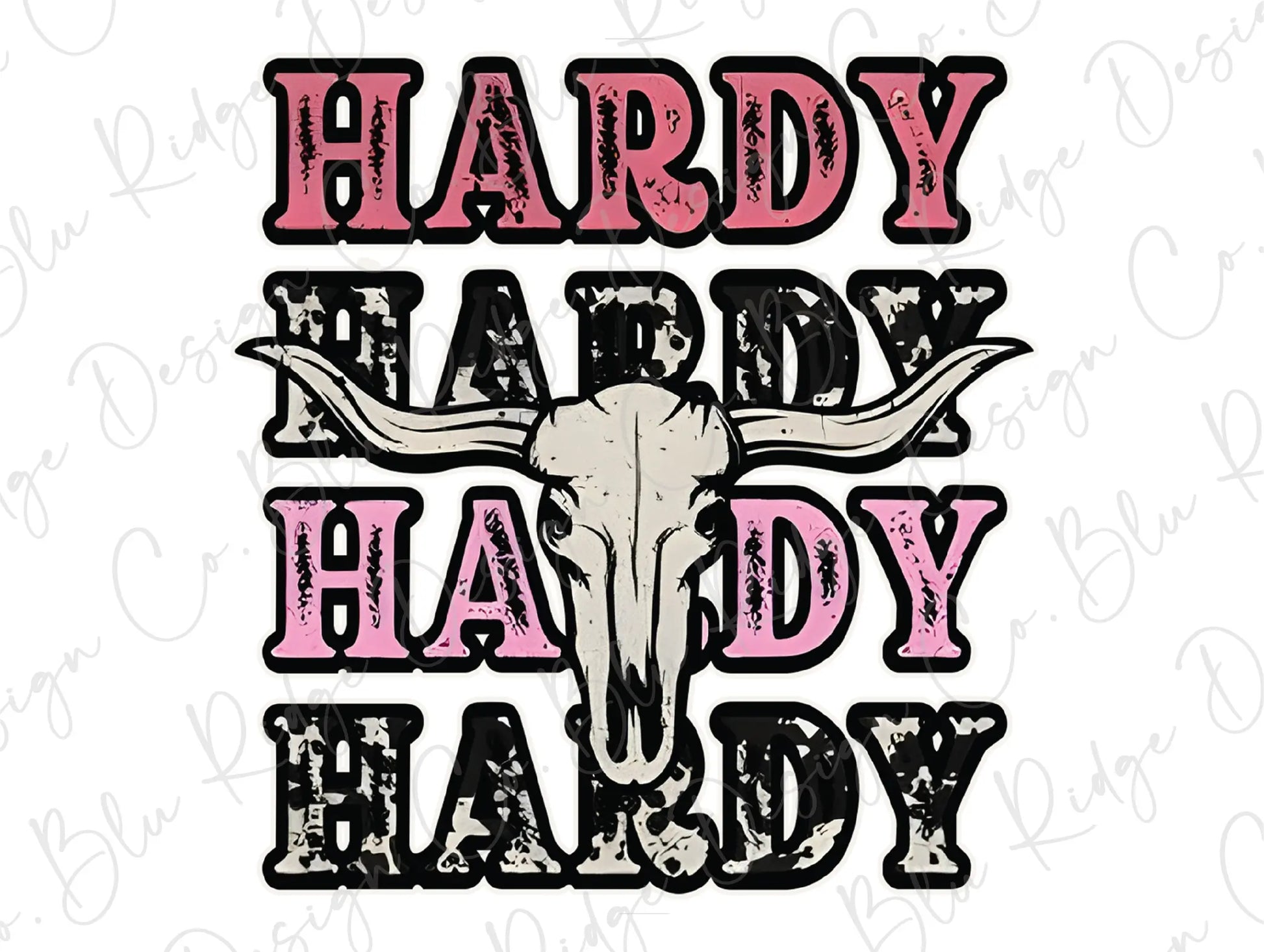 Hardy Hardy Hardy Stacked Bull Skull Design (Pink and Black) Direct to Film (DTF) Transfer BluRidgeDesignCo