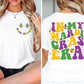 a woman wearing a white shirt with a mardi gras message on it