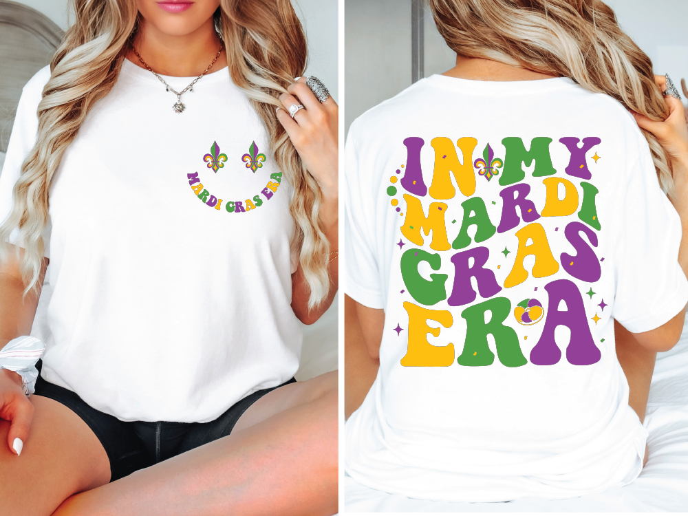 a woman wearing a white shirt with a mardi gras message on it