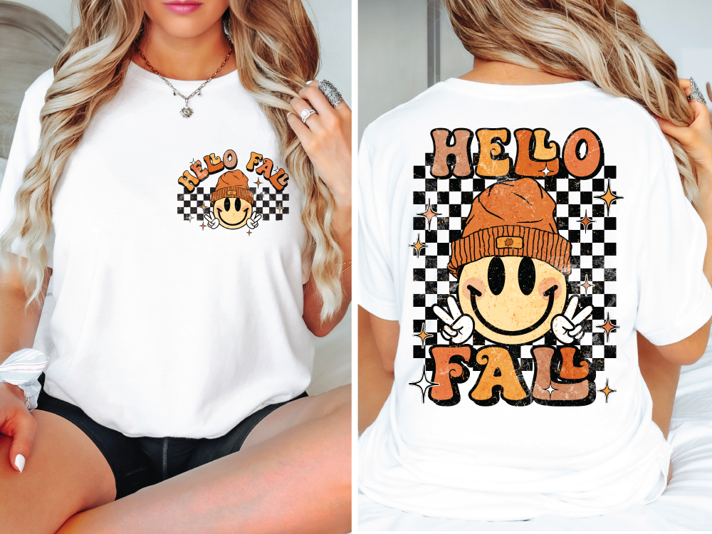 Retro Hello Fall Vibes Smiley Face Groovy Autumn Season (Back/Pocket Combo) Direct To Film (DTF) Transfer