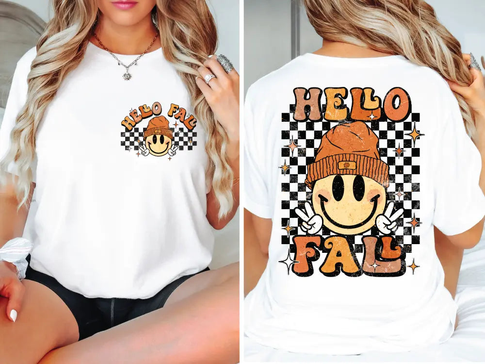 Retro Hello Fall Vibes Smiley Face Groovy Autumn Season (Back/Pocket Combo) Direct To Film (DTF) Transfer BluRidgeDesignCo