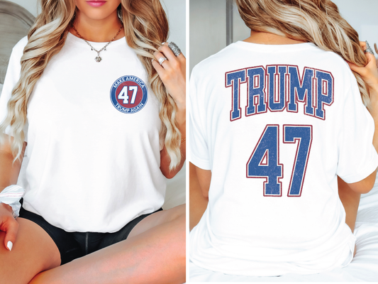 a woman sitting on a bed wearing a trump 47 shirt