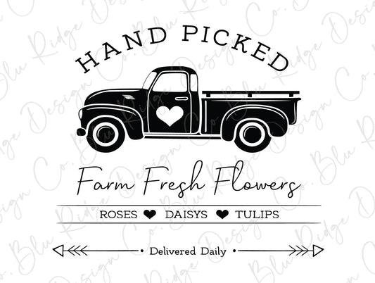 Handpicked Farm Fresh Flowers Farm Truck Valentines Direct To Film (DTF) Transfer BluRidgeDesignCo