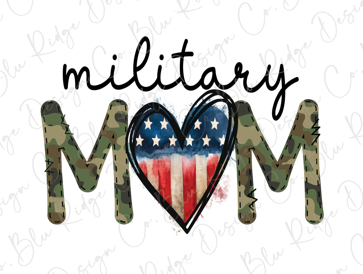 Military Mom Camo American Flag Heart Direct to Film (DTF) Transfer
