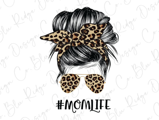 Messy Bun Mom Life Leopard Bow Direct to Film (DTF) Transfer BluRidgeDesignCo