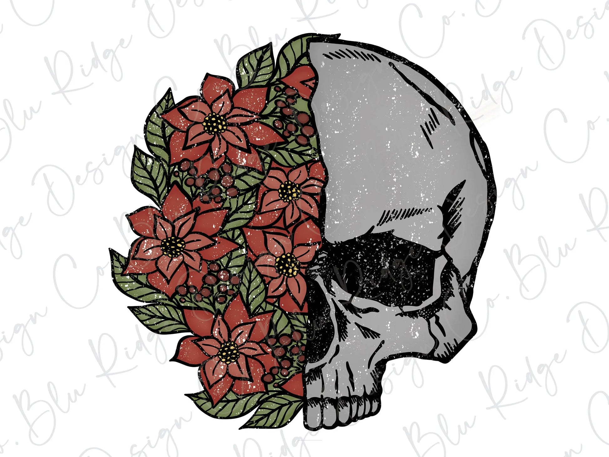 Sorta Merry Sorta Scary Christmas Skeleton Flower Head Direct to Film (DTF) Transfer BluRidgeDesignCo