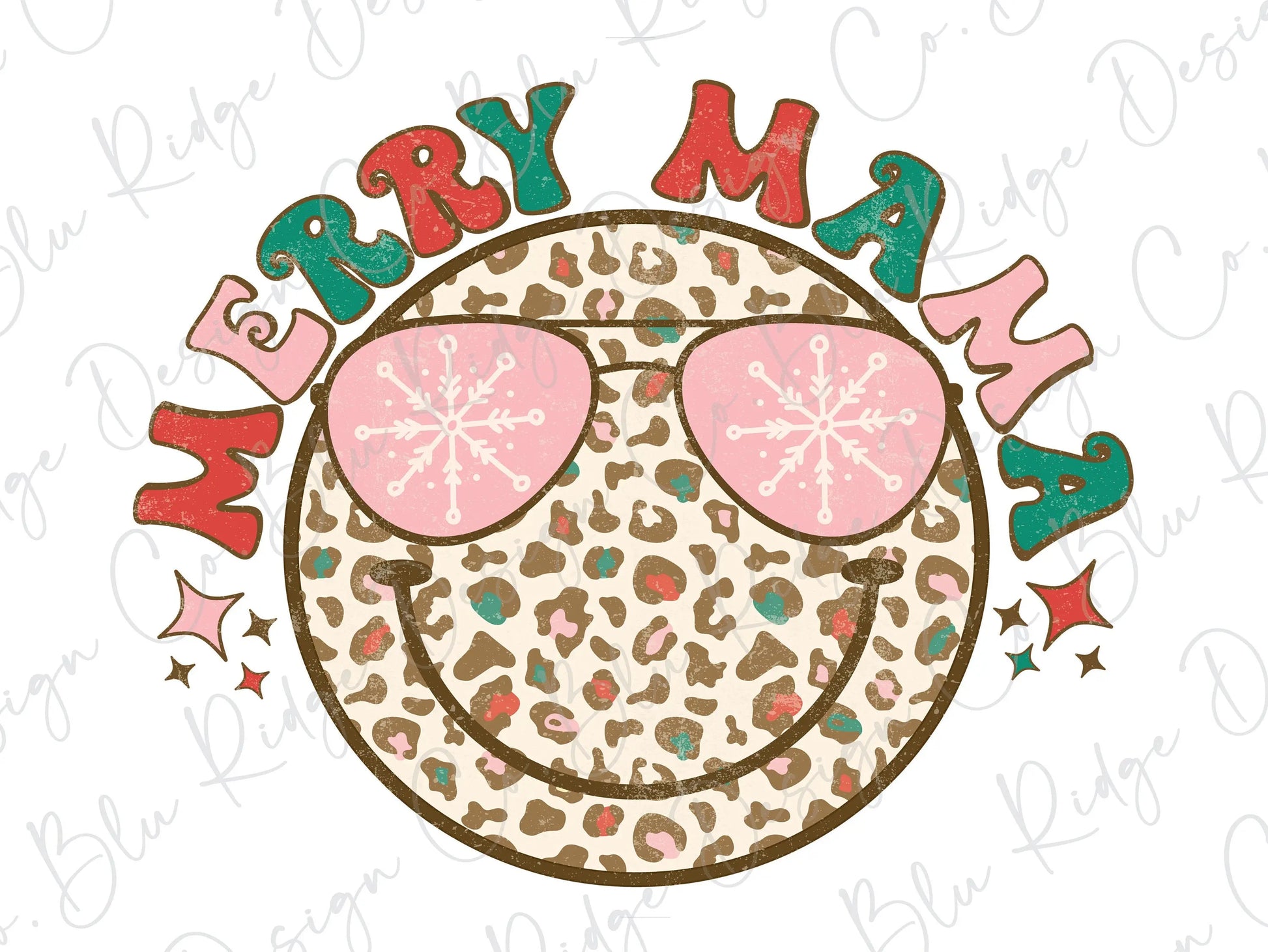 Merry Mama Leopard Smiley Sunglass face Retro Direct to Film (DTF) Transfer BluRidgeDesignCo