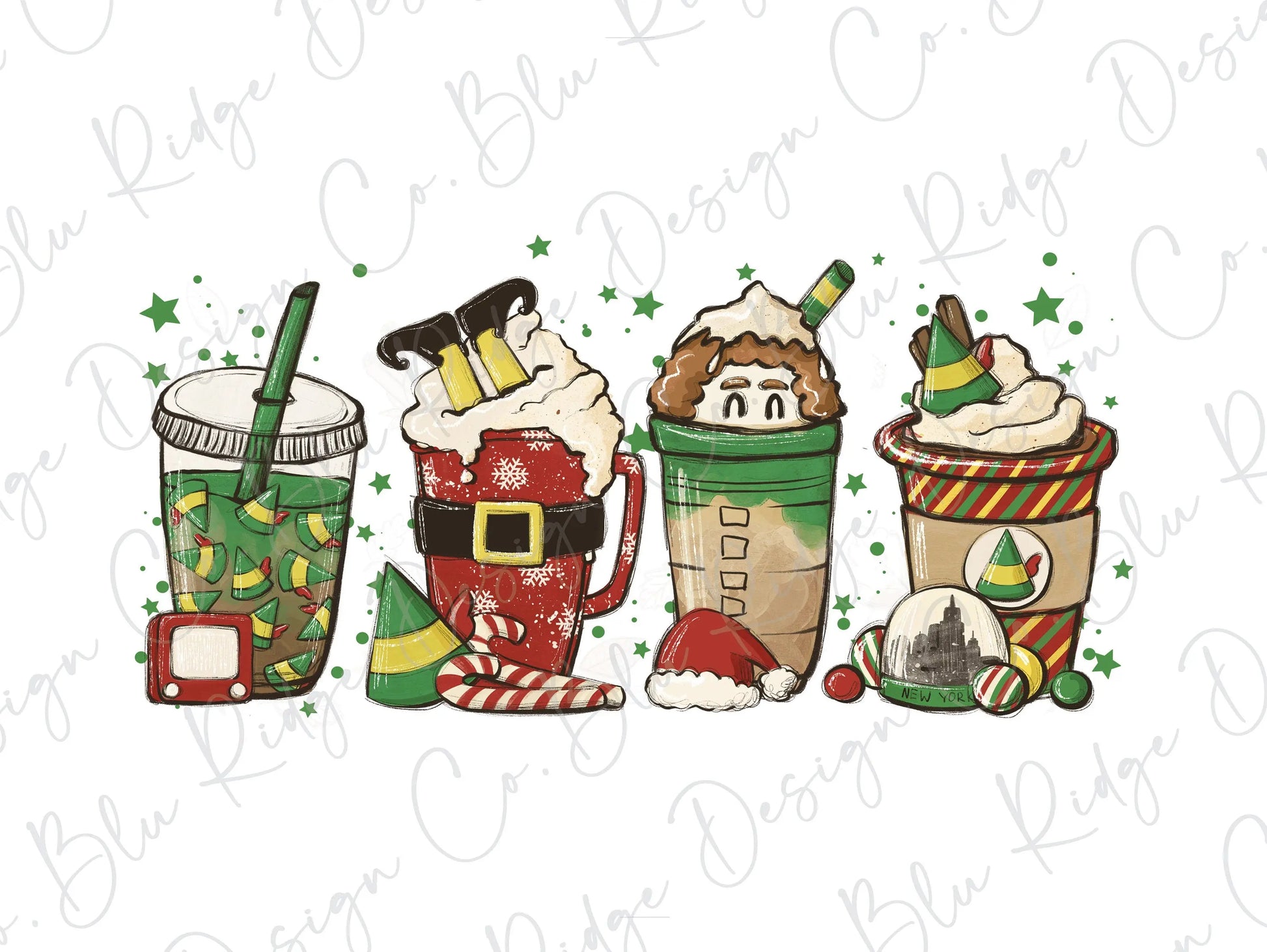 Christmas Elf Coffee with Stars Direct to Film (DTF) Transfer BluRidgeDesignCo