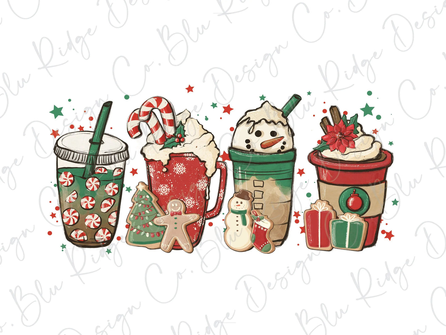 Christmas Red Candy Snowman Coffee with Stars Direct To Film (DTF) Transfer BluRidgeDesignCo