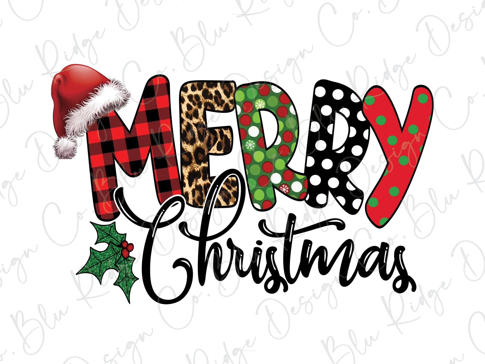 Merry Christmas Plaid, Leopard, Polka Dots Direct To Film (DTF) Transfer BluRidgeDesignCo