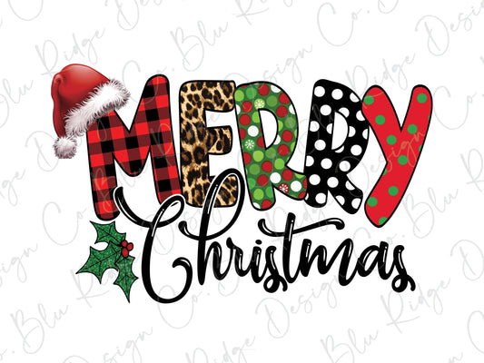 Merry Christmas Plaid, Leopard, Polka Dots Direct To Film (DTF) Transfer BluRidgeDesignCo