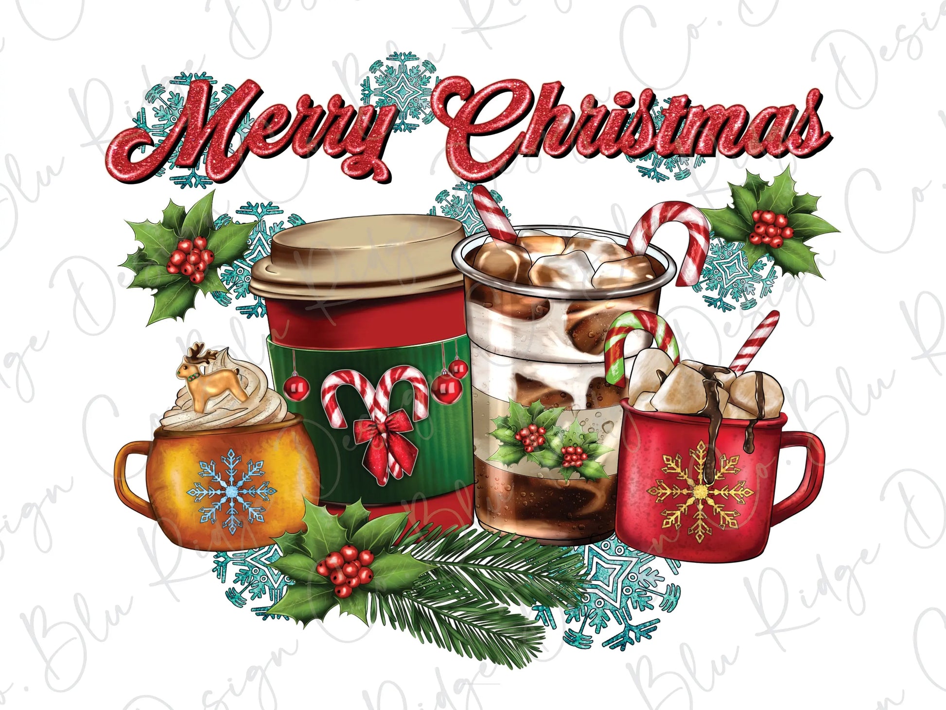 Merry Christmas Coffee Cups Direct To Film (DTF) transfer BluRidgeDesignCo