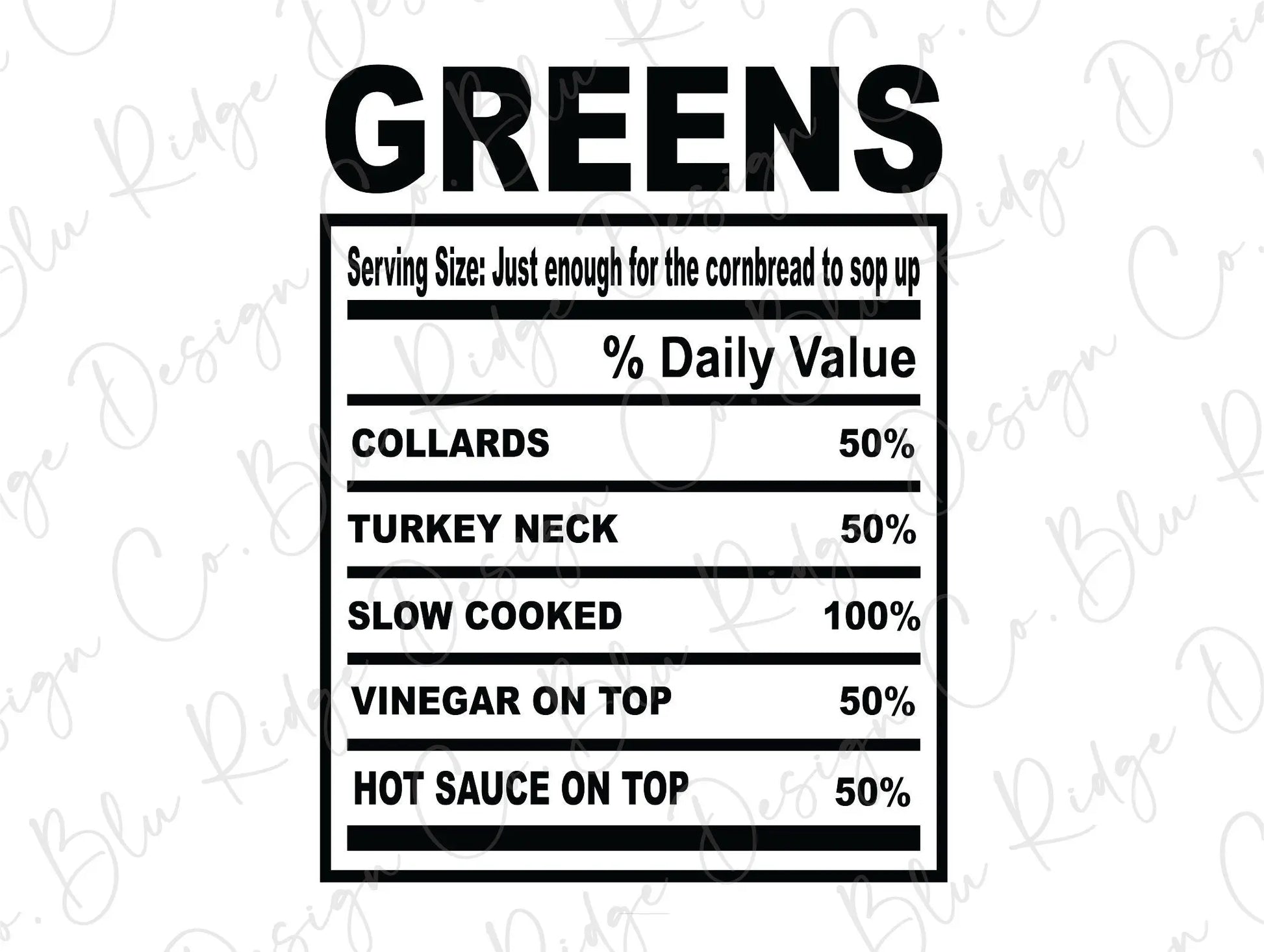 Thanksgiving Soul Food Nutrition Label Greens Direct to Film (DTF) Transfer BluRidgeDesignCo