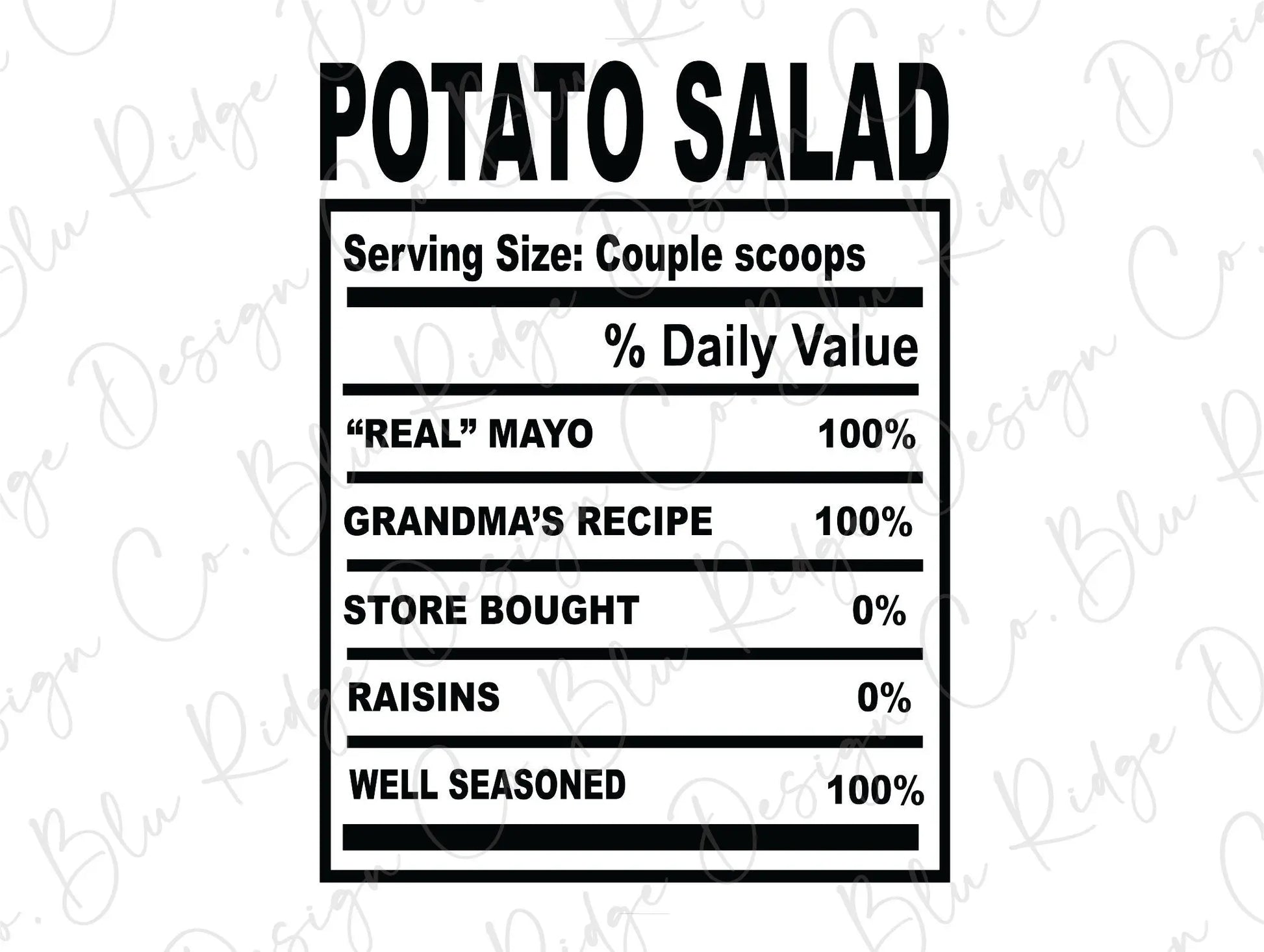 Thanksgiving Soul Food Nutrition Label Potato Salad Direct to Film (DTF) Transfer BluRidgeDesignCo